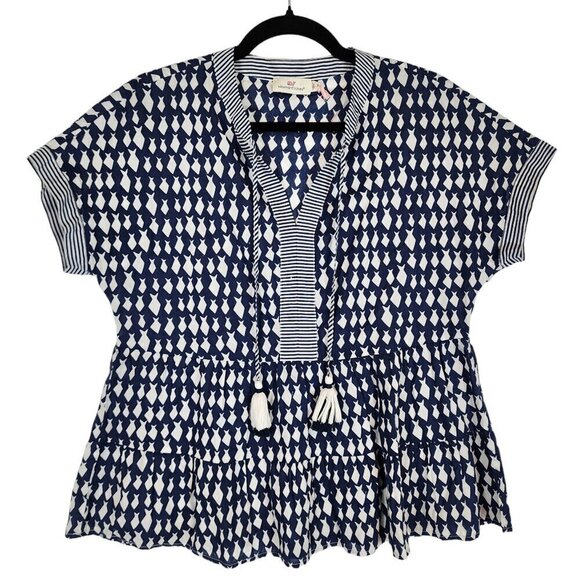 Vineyard Vines Tops - Vineyard Vines Diamond Fish Tiered‎ Top Tassel Tie Neck Cotton Nautical Navy XS